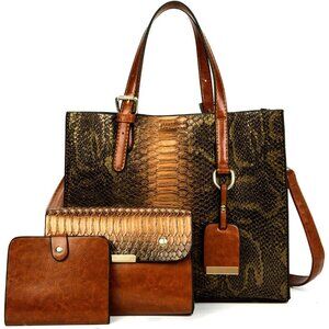 Women’s Brown 3 Pcs Crocodile Pattern Satchel Set | Stylish Tote & Purse Bags